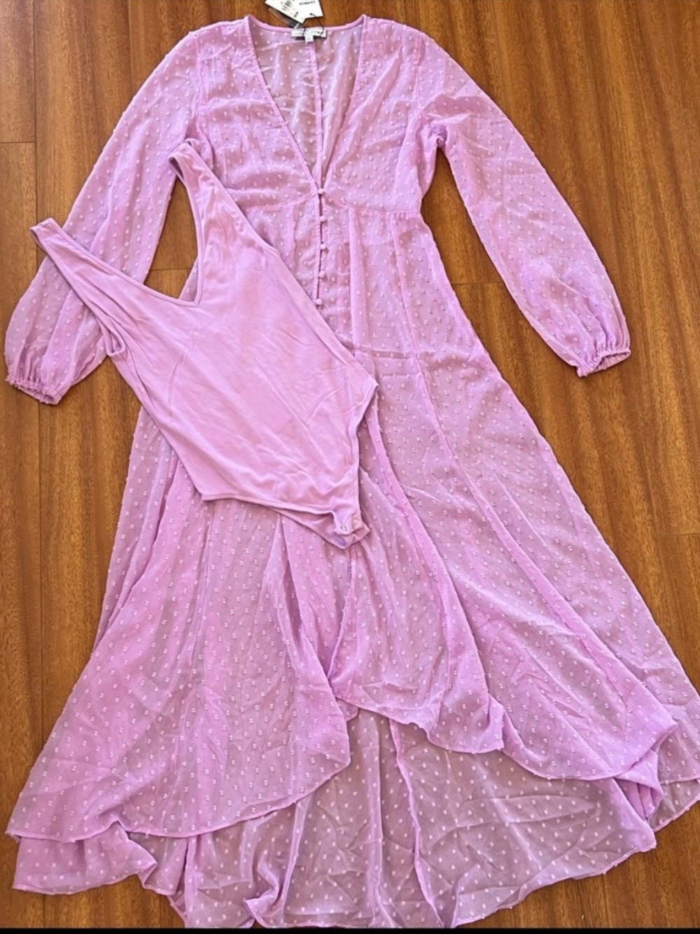 Express x Rocky Barnes NEW Lilac Swiss Dot Sheer Maxi Dress and Bodysuit Women S